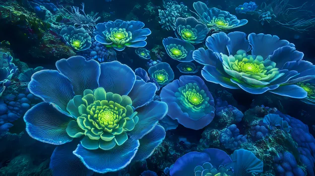 Шпалери Яскраві водорості та блакитні губки перетворюють дно океану 4K