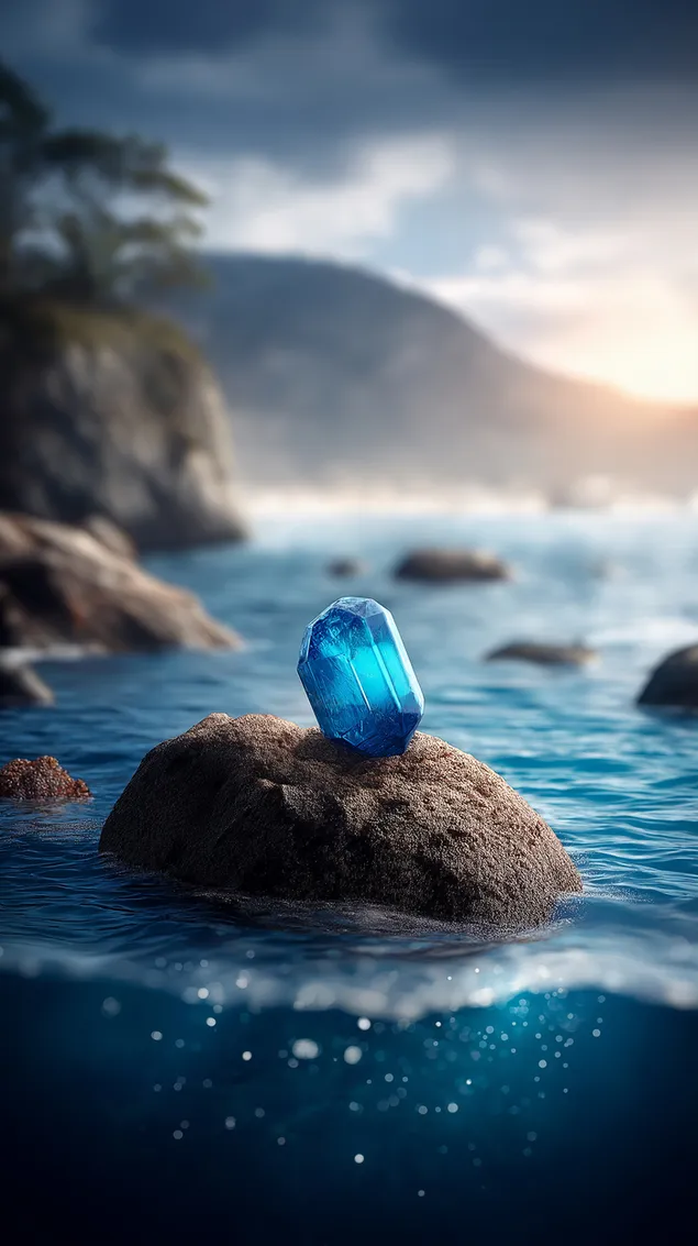 pietra preziosa dal taglio luminoso appoggiata su una roccia costiera con scena oceanica scarica