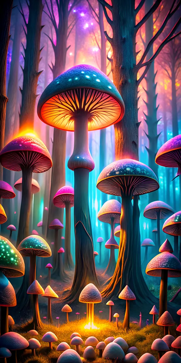 Taustakuva Valoisa neonsienten lehto varjoisessa metsässä 2K