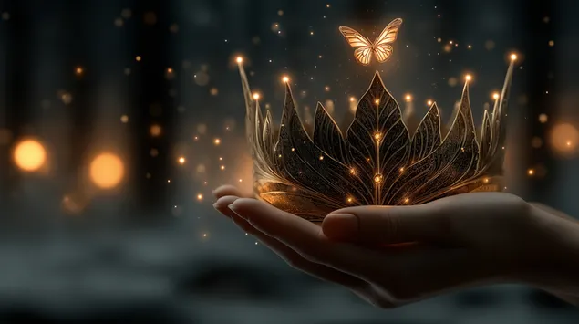 corona de lotus lluminosa i papallona descansant a les mans baixada
