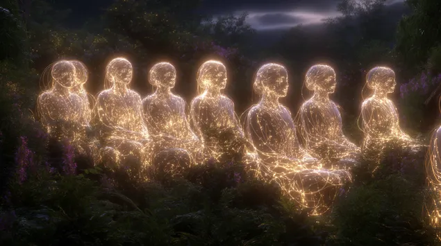 Светещи медитиращи фигури в мистична гора 2K тапет