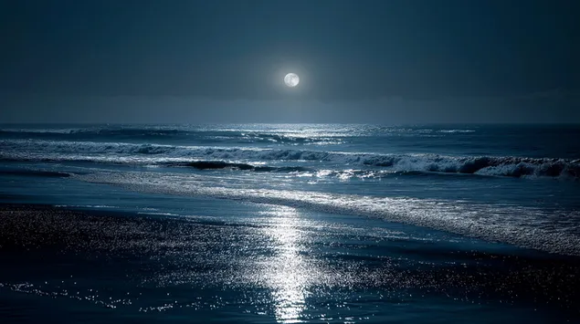 Sjajni Mjesec i Okeanski Valovi u Mirnoj Noći 2K pozadina