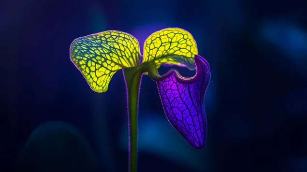 Hình nền Cây nắp ấm nhiệt đới phát sáng được chiếu sáng màu xanh lá cây và tím 8K