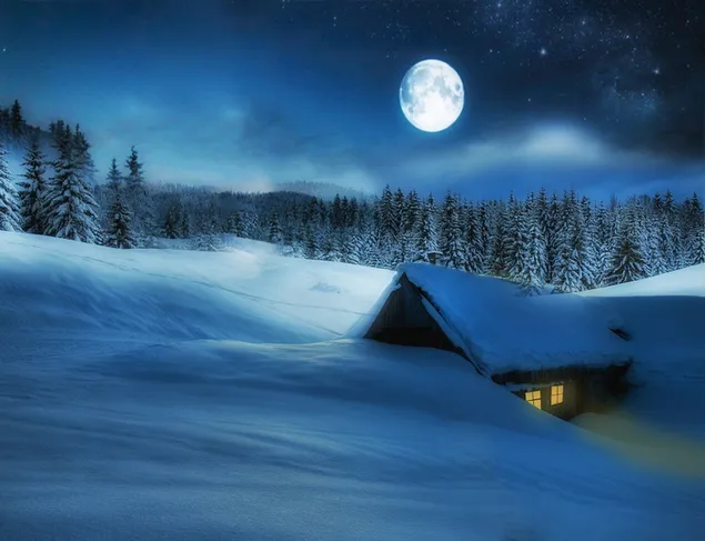 Luna llena sobre cabaña de invierno