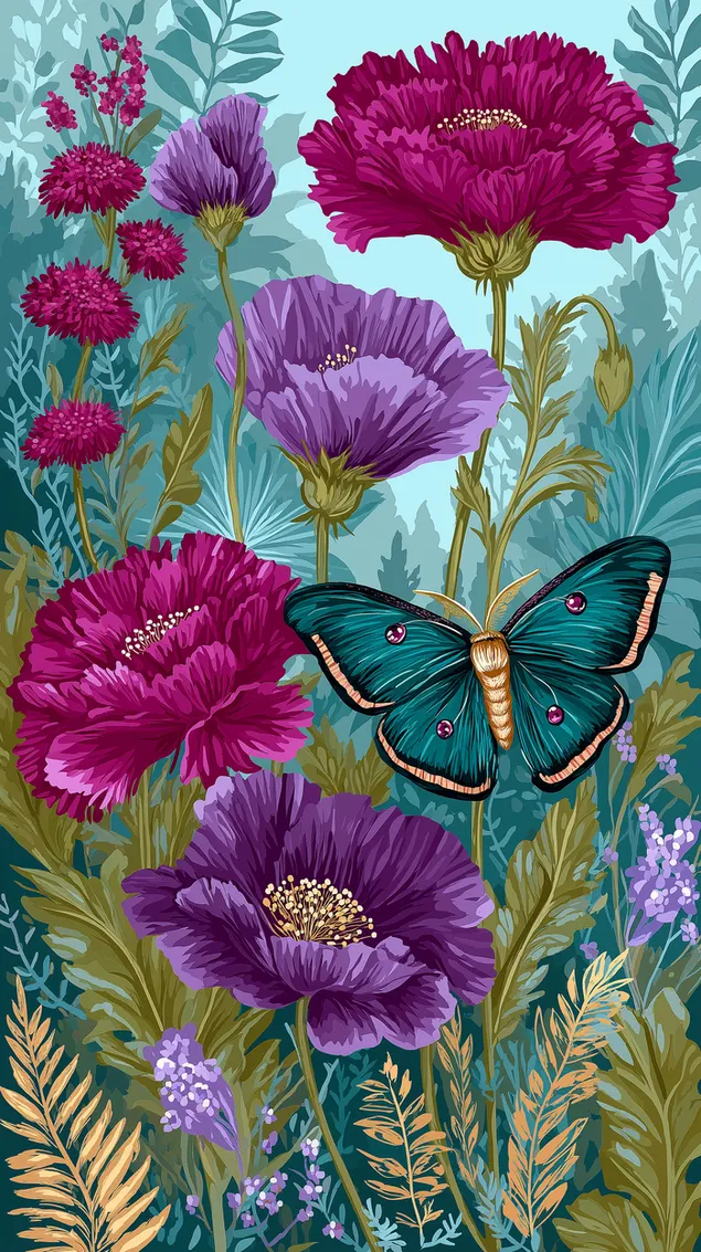 עש לונה בתוך פריחה עשירה של פרחי בר, ​​תבנית חלקה HD טפט