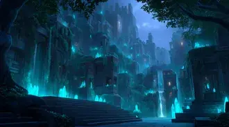 Lush Ancient Ruins with Magical Glowing Crystals and Moss 2K wallpaper