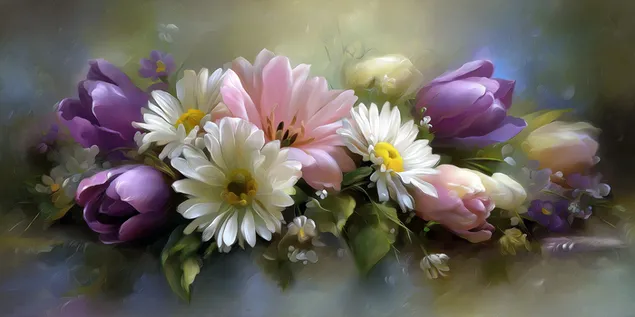 Tapeta Bujná kytice s tulipány a sedmikráskami 2K