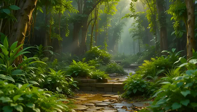 阳光与薄雾交织的茂密丛林小径 2K 壁纸