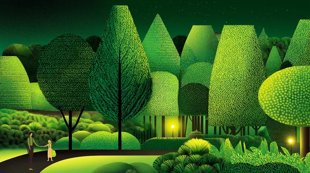 Frodig grønn parkscene med figurer og kveldslys 2K bakgrunn