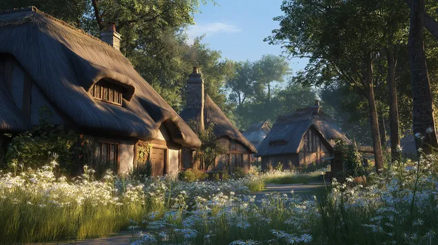 Village d'été luxuriant avec des cottages au toit de chaume 2K fond d'écran