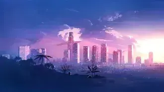 bujne tropicke panorama mesta s fialovym zapadem slunce a palmami stahnout