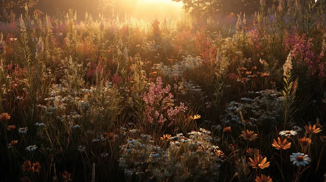 金色光芒照亮的茂盛野花田 2K 壁纸