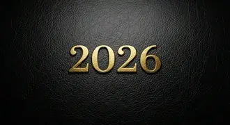 Роскошный черный кожаный фон с рельефной золотой надписью «2026» — элегантный дизайн премиум-класса 8K обои