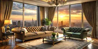lussuoso soggiorno con divano in velluto, decorazioni con accenti dorati e vista sul paesaggio urbano del tramonto attraverso tende svolazzanti scarica