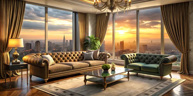 Luxuriéise Wunnzëmmer mat Velvet Sofa, Gold-Accented Dekor, a Sonnenënnergang Stadbild Vue duerch fléissend Gardinen 4K Tapeten