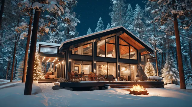 اقامتگاه کوهستانی لوکس با آتشدان در فضای باز کاغذدیواری  2K