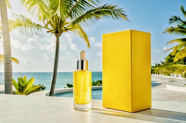 Luksuzni tropski serum za lice predstavljen u živahnoj žutoj kutiji pored svjetlucavog bazena s pozadinom palmi i oceana. 4K pozadina