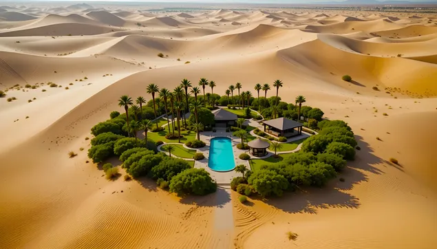 豪华沙漠绿洲度假村：泳池、棕榈树和金色沙丘 2K 壁纸