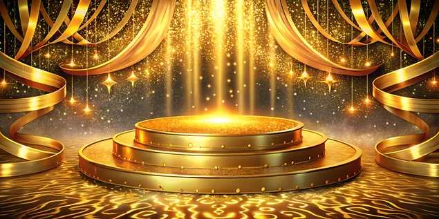 Podium de luxe doré avec rubans, lumières scintillantes et effets bokeh pour présentation de produits 4K fond d'écran