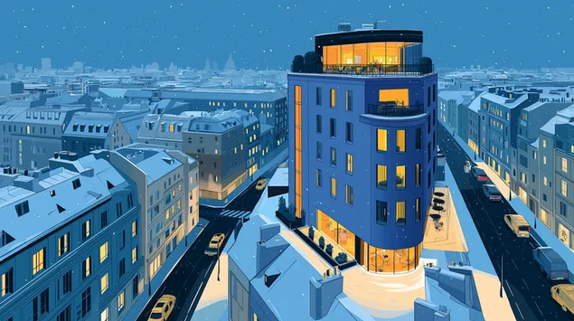 luksuzni hotel u snjeznom gradskom pejzazu u sumrak, ravna vektorska umjetnost preuzmi
