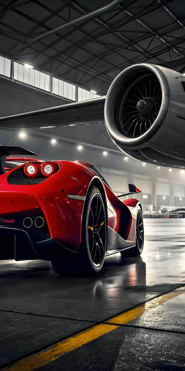 ماشین اسپرت قرمز لوکسی که کنار موتور جت در آشیانه پارک شده است کاغذدیواری  2K