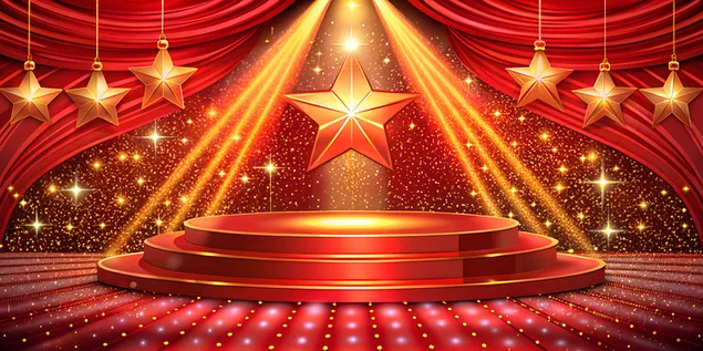 Luksuzna crvena bina sa reflektorima i zlatnim zvijezdama, za ceremoniju dodjele nagrada ili banner proizvoda 4K pozadina