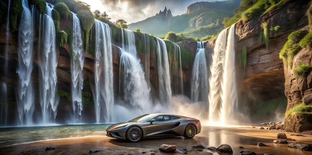 מכונית ספורט יוקרתית מול מפל מלכותי, שילוב של הנדסה ויופי טבעי 4K טפט