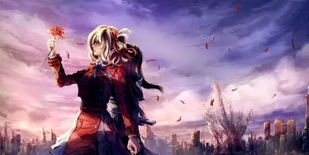 litsoris retsoil, zhutokosi anime lik koji drzhi tsvet u blizini broda u gradu po oblachnom vremenu preuzmi