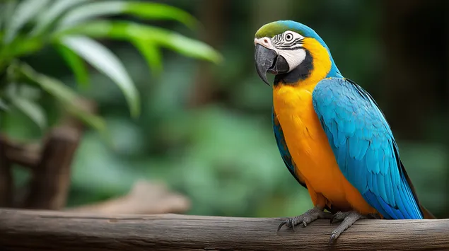 Tapeta Ara sedící na větvi se zeleným listím na pozadí 2K