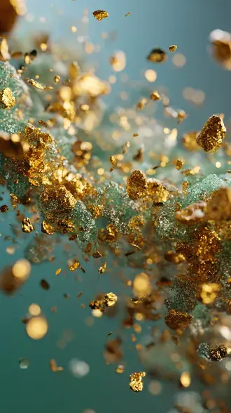 macro close up of floating golden nuggets and green mineral fragments in ethereal space