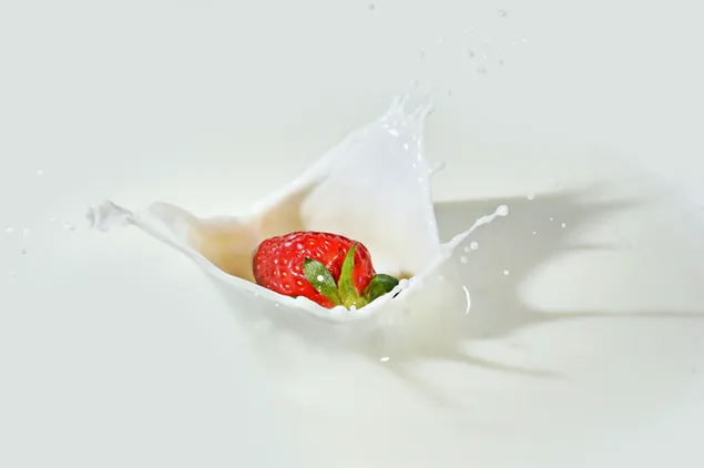 Macro-opname van aardbei die in melk valt