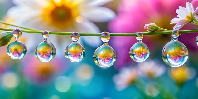 tetesan hujan makro pada kelopak bunga yang mencerminkan pemandangan padang rumput pastel unduhan