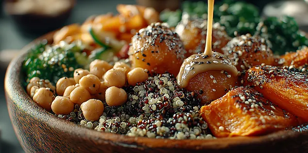 Macro-opname van quinoa Buddha Bowl met dressing 2K achtergrond