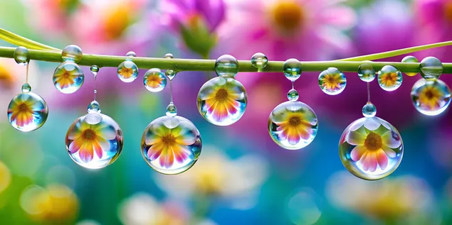 Macro Shot vu Reendrëpsen op Blummenbléien déi eng Pastell Wiss reflektéieren 4K Tapeten