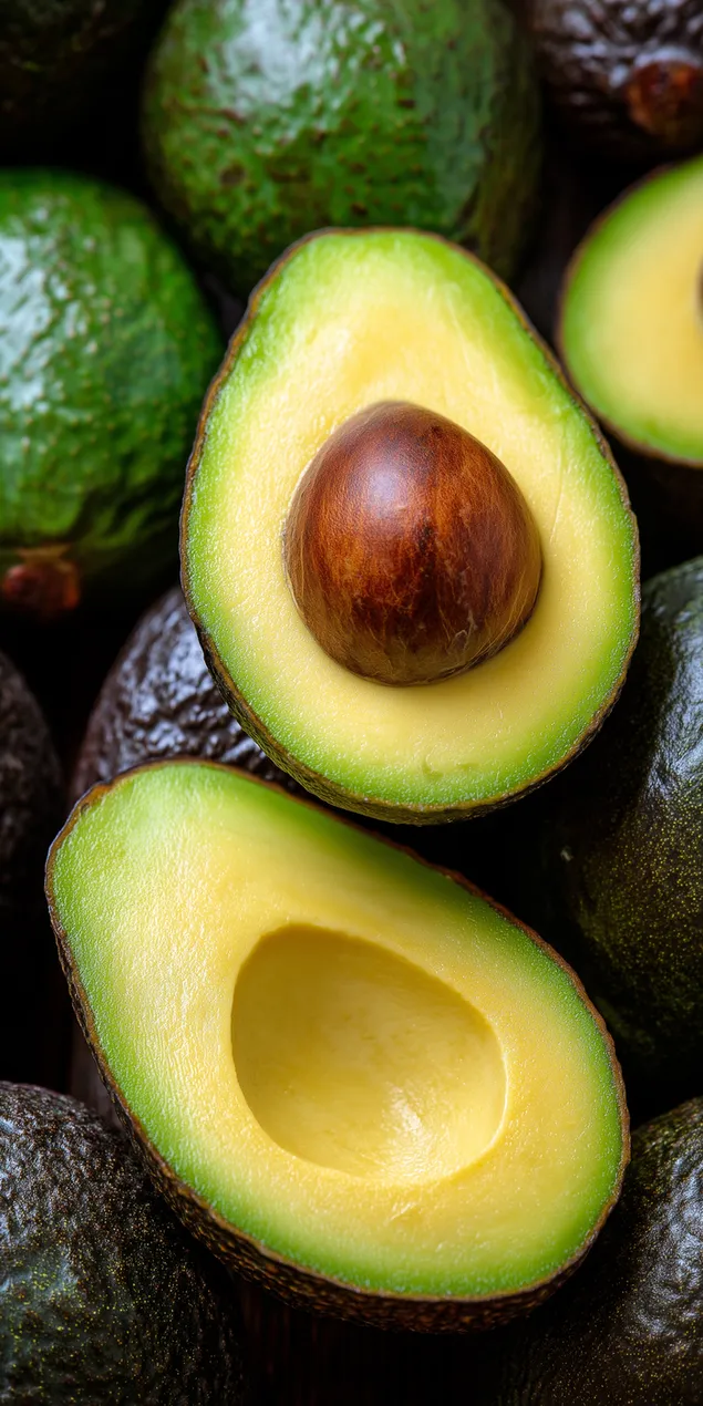 Макрофотография половинки авокадо с косточкой внутри целого плода HD обои