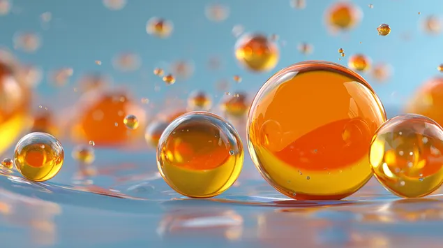 Pamje makro e sferave të lëngshme që notojnë në një sipërfaqe ujore 2K sfond