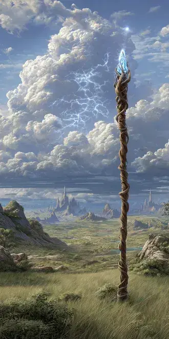 Tapeta Magická hůl s křišťálovou špičkou stojící v rozlehlé fantasy krajině HD