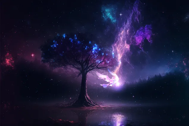 Ángel mágico y silueta de árbol en la aurora boreal descargar