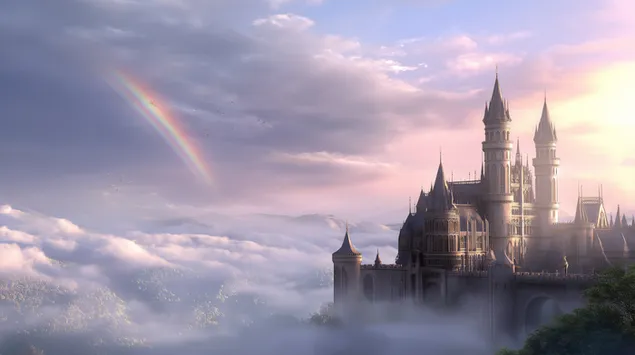 Magiskt slott beläget på ett berg ovanför molnen 2K bakgrund