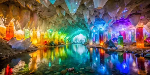 Čarobna kristalna pećina sa očaravajućim duginim refleksijama 4K pozadina
