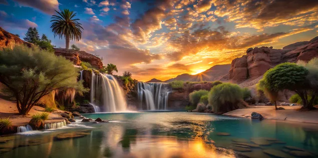 Cachoeira mágica do deserto fluindo para um lago sereno ao pôr do sol em uma paisagem vasta e vazia 4K papel de parede