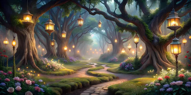 Magesch verzaubert Bësch mat glühenden schwiewende Laternen 4K Tapeten