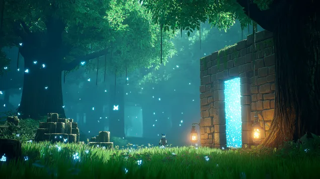 Магична шумска капија са светлећим порталом и биолуминесцентним елементима 2K позадина