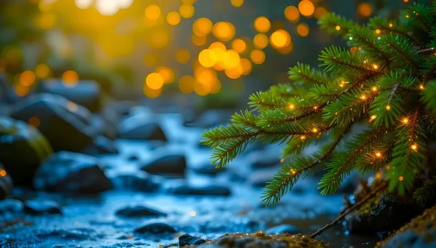 Magiczny strumień leśny z migoczącymi światełkami 4K tapeta