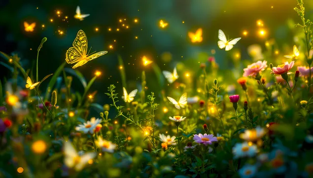 Kopshti Magjik: Flutura dhe Lule që Shkëlqyejnë në Muzg 4K sfond