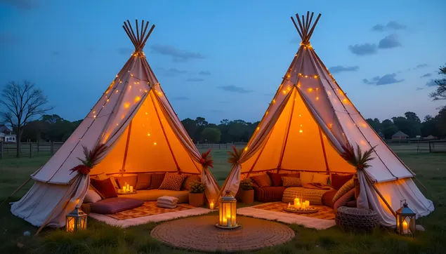 Čarobni glamping: Dva osvijetljena šatora-tipija u sumrak 4K pozadina