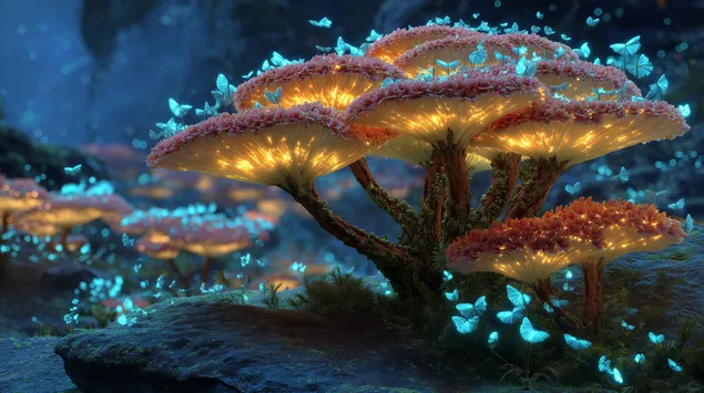 森林裡神奇的發光真菌和夜光蝴蝶 2K 壁紙