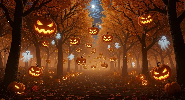 **magicka halloweenska noc v ziariacej tekvicovej dedinke - filmova fantasy scena splnu s ocarujucimi detailmi** stiahnut