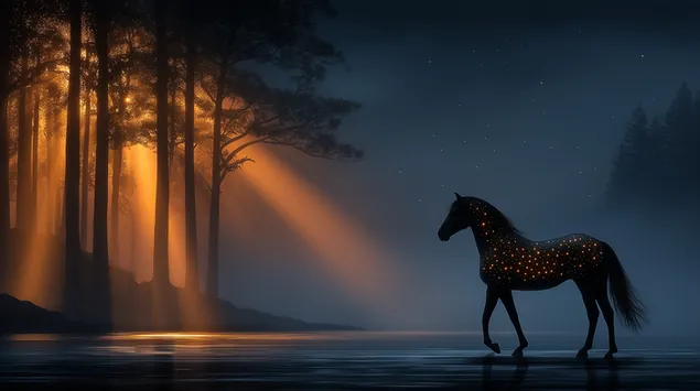 Taustpilt Võluhobune metsas kuldsete valguskiirtega 2K