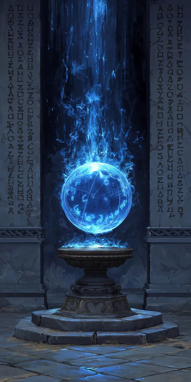 Magesch Kugel vun intensiver Energie, déi an engem zerstéierten Tempel schwëmmt HD Tapeten